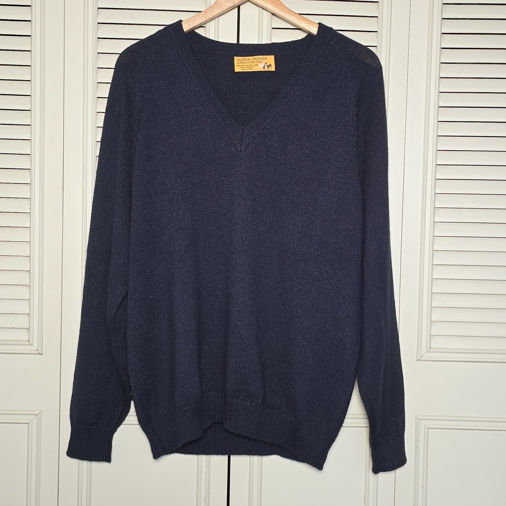 Alpaca Fashion Super Fina Sweater Mens M Navy Blue V Neck Made in Peru